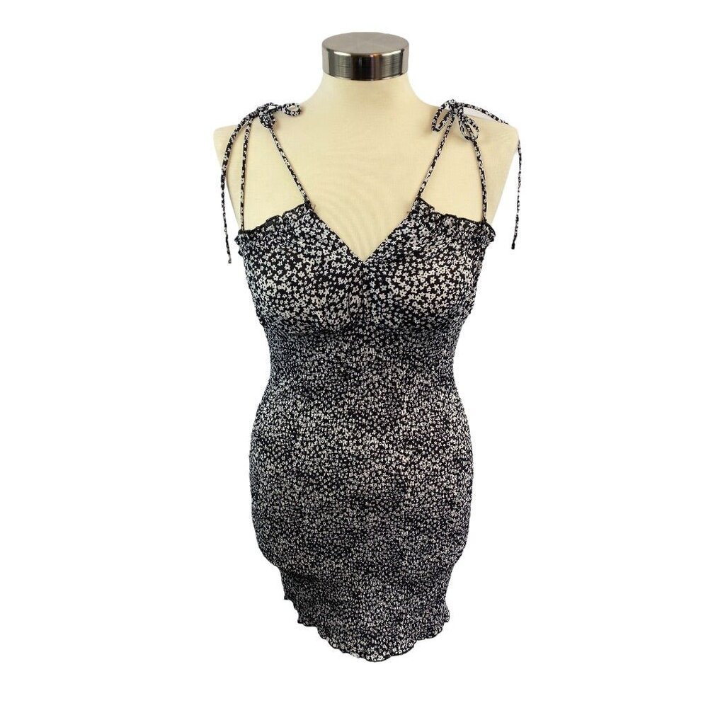 Medium O. Vianca Junior Women's Print Tie Shoulder Sundress Smocked Fitted V-Nec